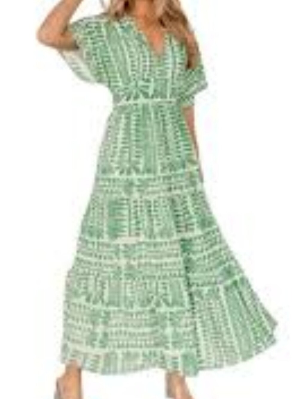BALTIC BORN AUSTIN KIMOMO DRESS GREEN LEAF PRINT MAXI SHORT SLEEVES. XL